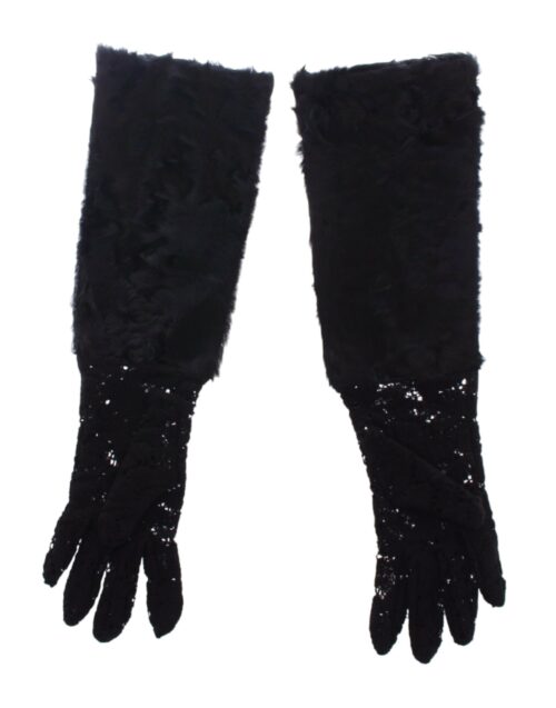 4354426.jpg Dolce & Gabbana Black Lace Wool Lambskin Fur Elbow Gloves