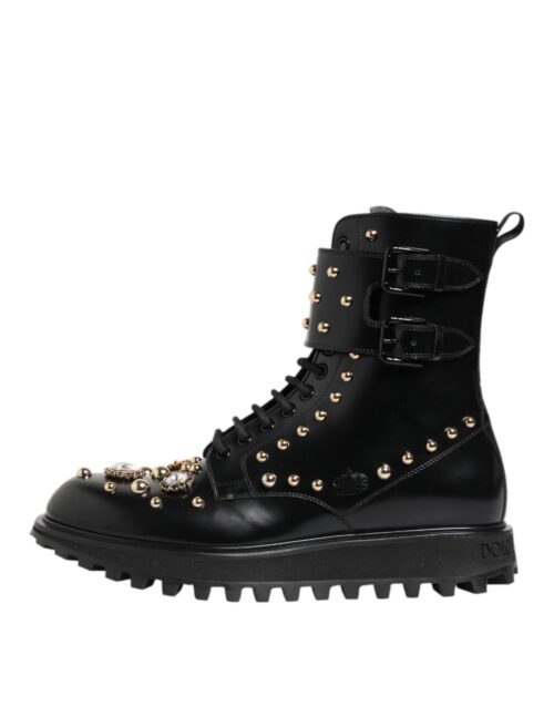 8354797.jpeg Dolce & Gabbana Black Studded Lace Up Mid Calf Boots Shoes