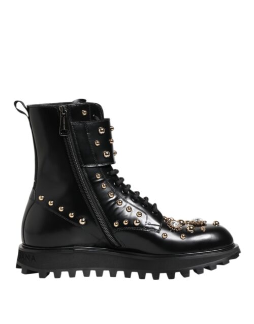 8354798-1.jpeg Dolce & Gabbana Black Studded Lace Up Mid Calf Boots Shoes