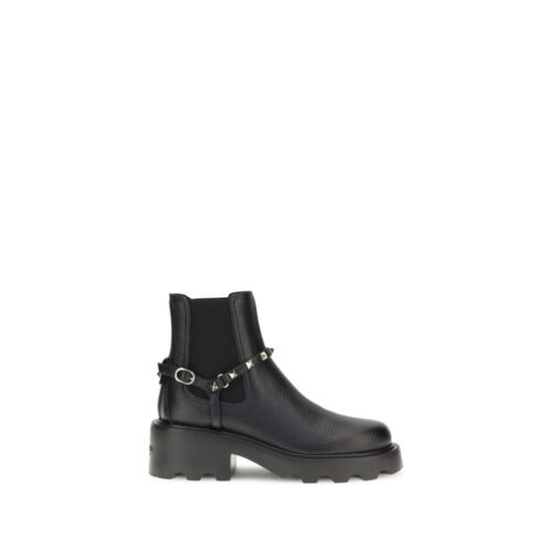 Valentino Garavani Black Calf Leather Bos Taurus Ankle Boots