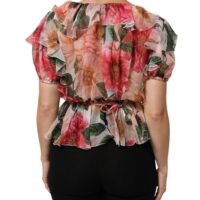 Dolce & Gabbana roosa kamellia mustriga siidist V-kaelusega pluus