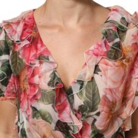 Dolce & Gabbana roosa kamellia mustriga siidist V-kaelusega pluus
