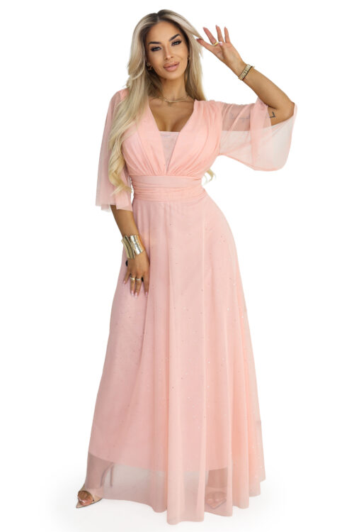 Numoco Basic Virsikukarva pikk sädelev pluss-suuruses kleit 654-4 9 Numoco Basic Virsikukarva pikk sädelev pluss-suuruses kleit 654-4