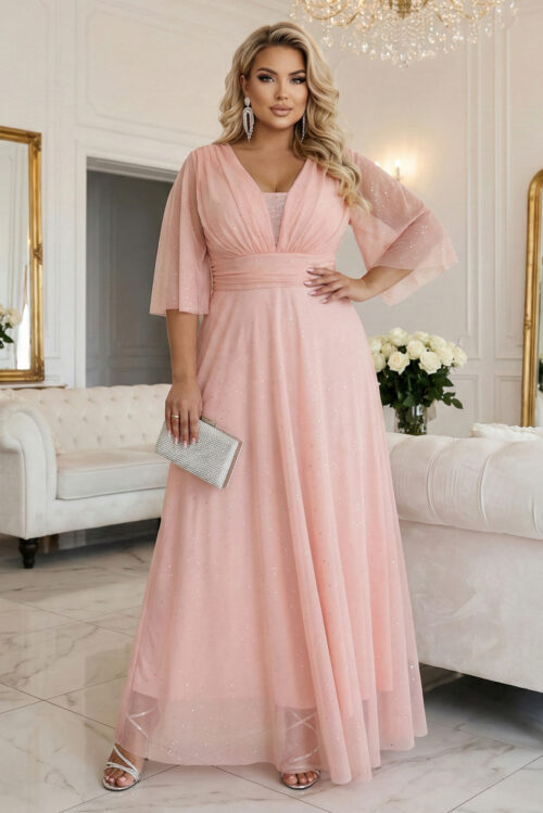 Numoco Basic Virsikukarva pikk sädelev pluss-suuruses kleit 654-4 6 Numoco Basic Virsikukarva pikk sädelev pluss-suuruses kleit 654-4