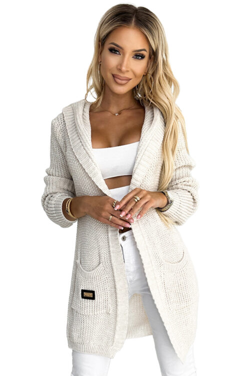 Numoco Basic 488-1 Cardigan - cape with a hood, pockets and a patch - beige